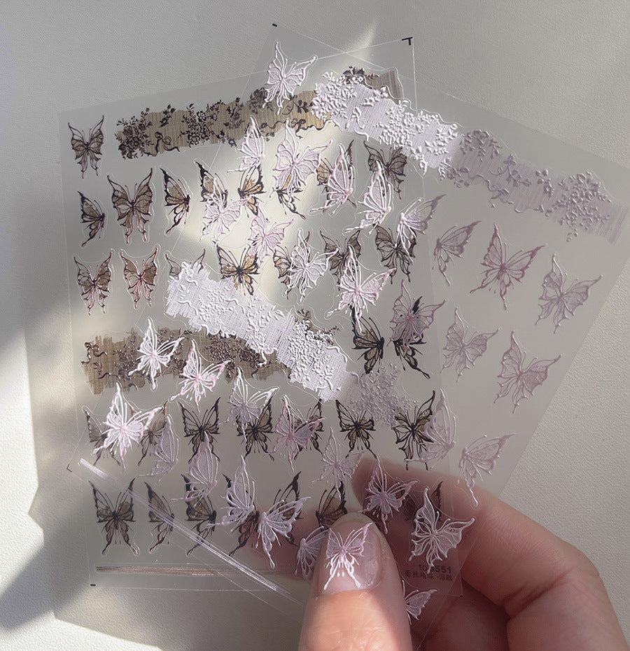Sepia Butterfly Embroidery – 3D Embossed Vintage Nail Art Set