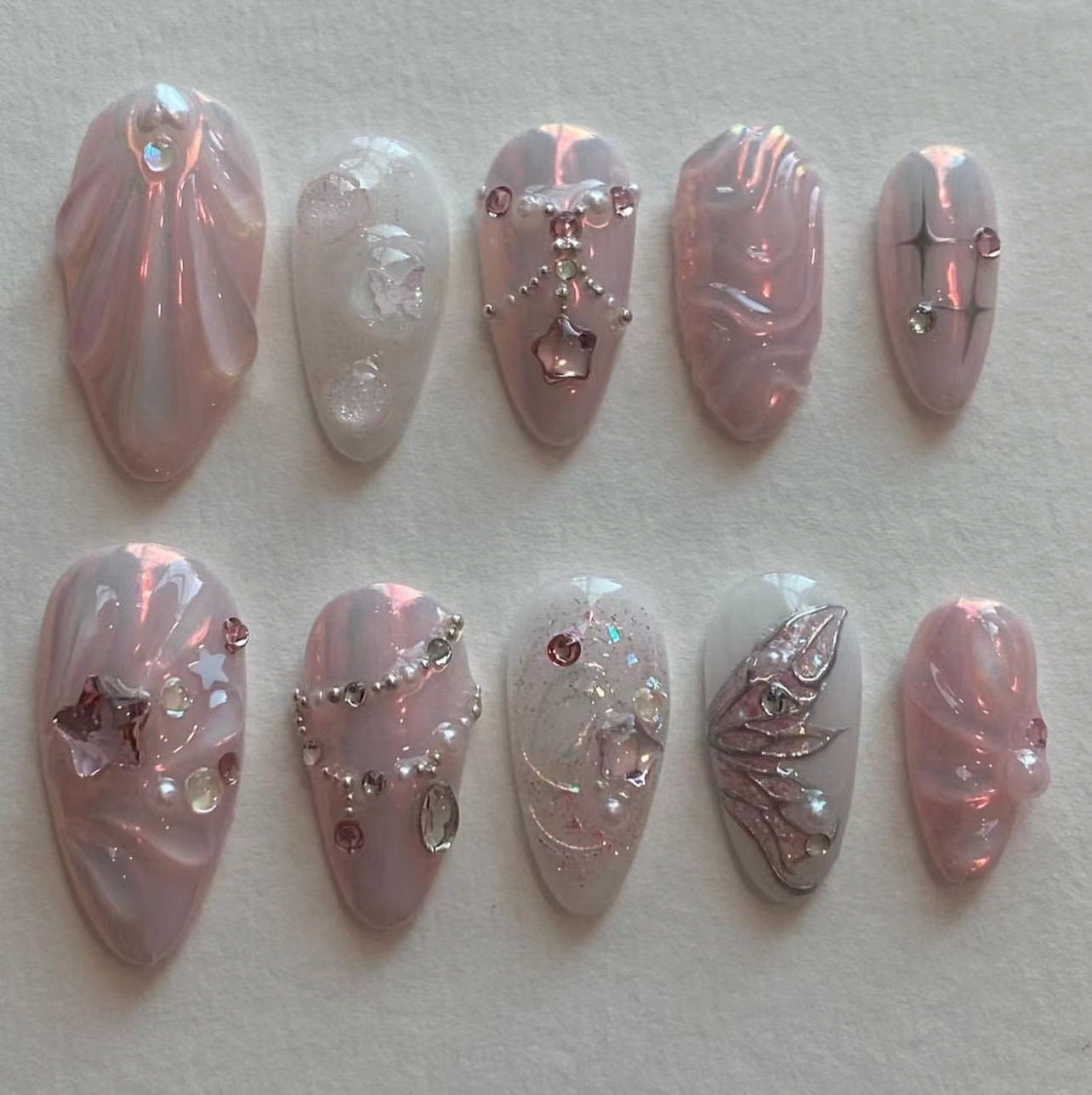 Sweet pink star manicure 3D ocean shell wearing armor three-dimensional butterfly flash diamond nail piece fake nails