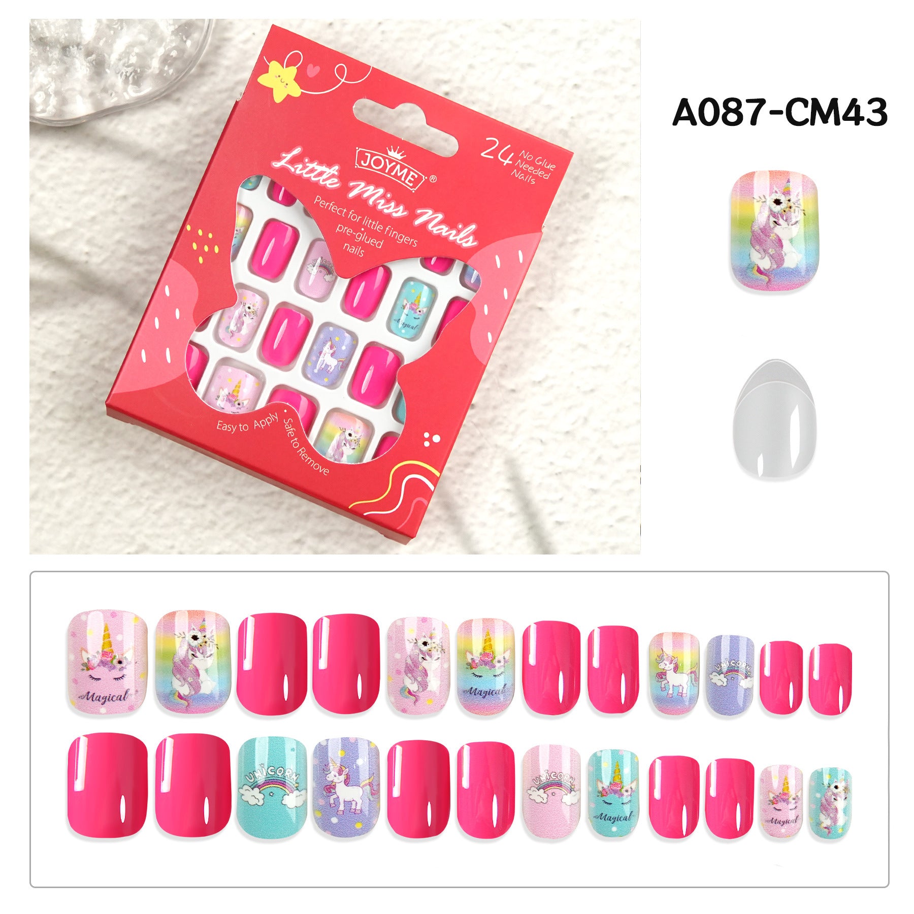兒童穿戴甲，附指甲貼，尖頭杏仁形，24片成品