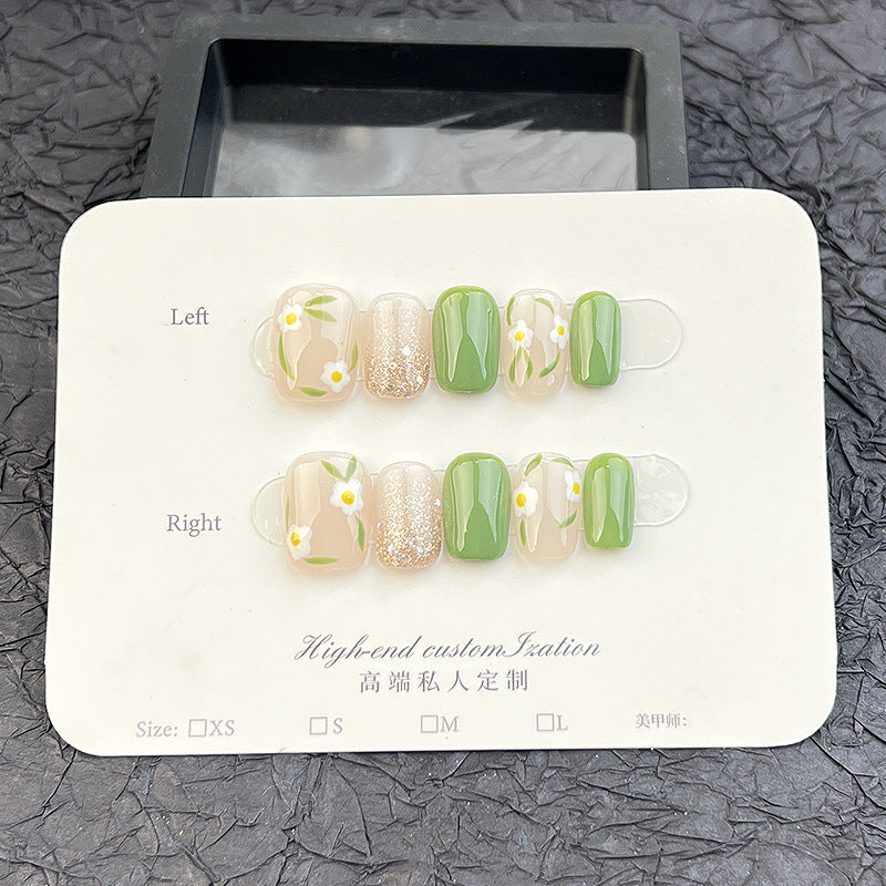 自然風雛菊綠色亮粉花卉短款穿戴甲