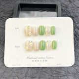 365nails Whimsy: "Emerald Meadow" – Short Square Green & Floral Press On Nails 24pcs