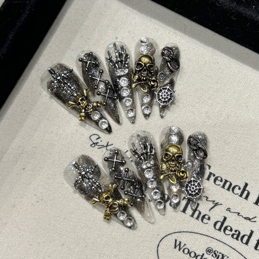 365nails: "Gothic Relic" – 3D Skull & Cross Handmade Stiletto Nails