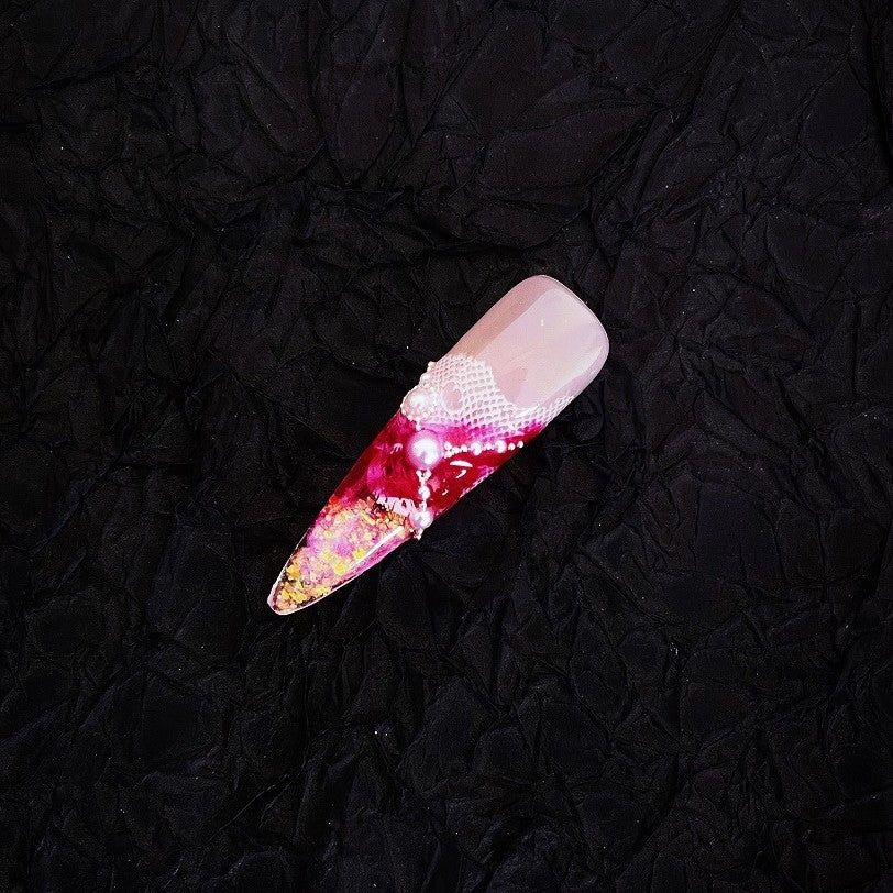 [Yin Juan]New Chinese Pure Desire Wind Hand-painted smudged cheongsam floral quicksand flow hemp press on nail