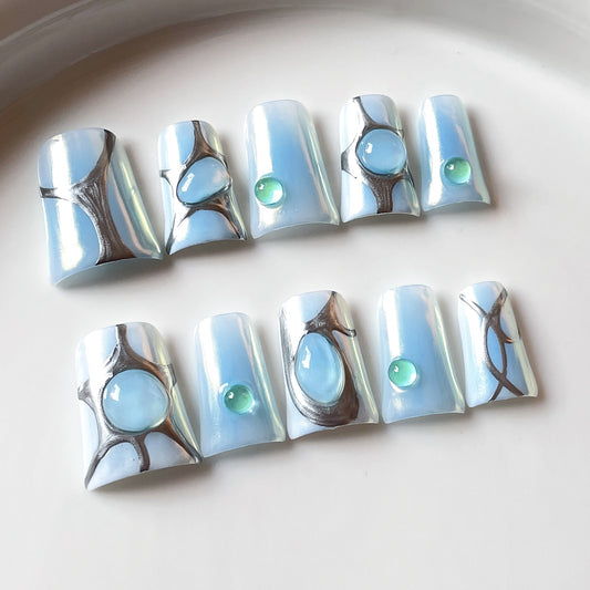 Handmade press on nails Sky Realm Creative Hand-painted Lines Fresh, Simple Personality Cute Duckbill Shape Armor｜365nails