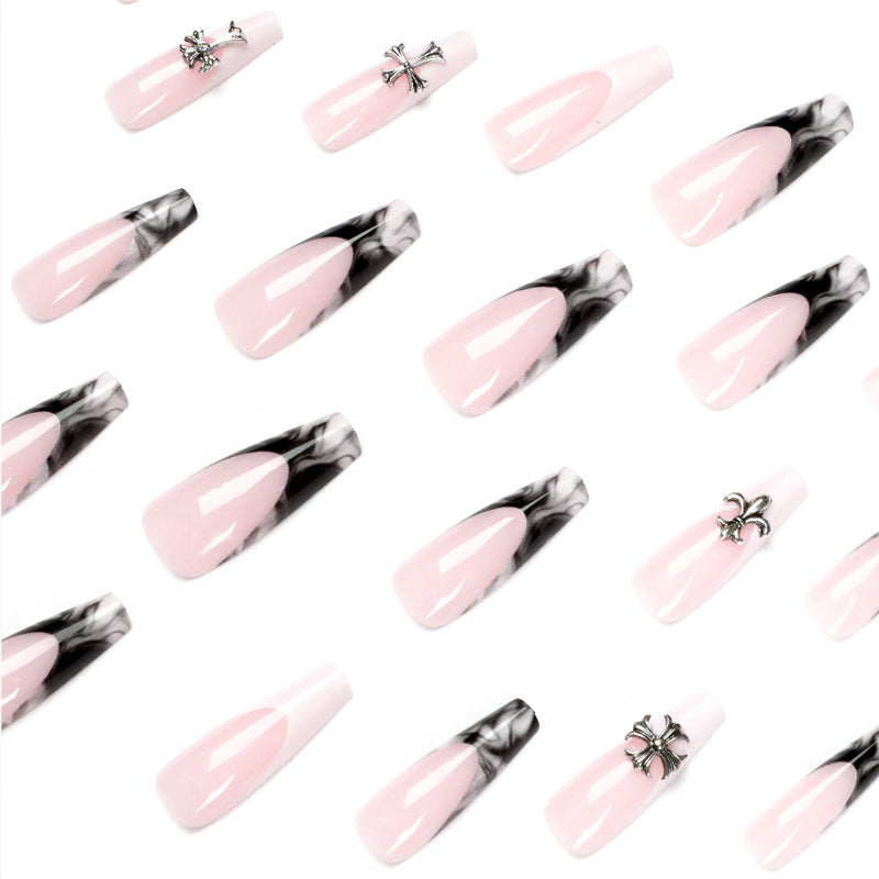 프렌치 블랙·화이트 스머지 크로스 롱 발레리나형 프레스온 네일 조각(도매)｜365nails