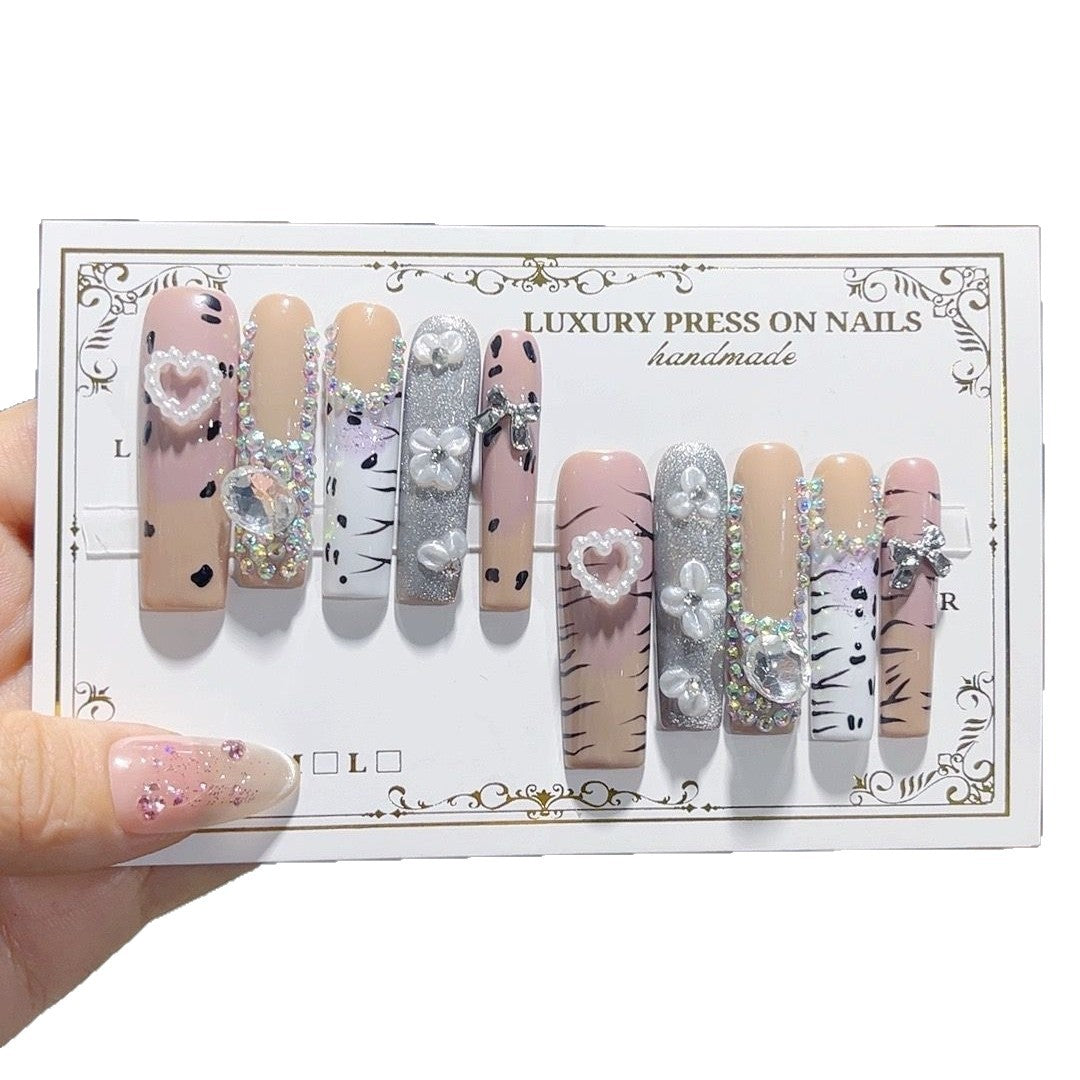 Neutral Leopard Crystal Floral Press On Nail Set