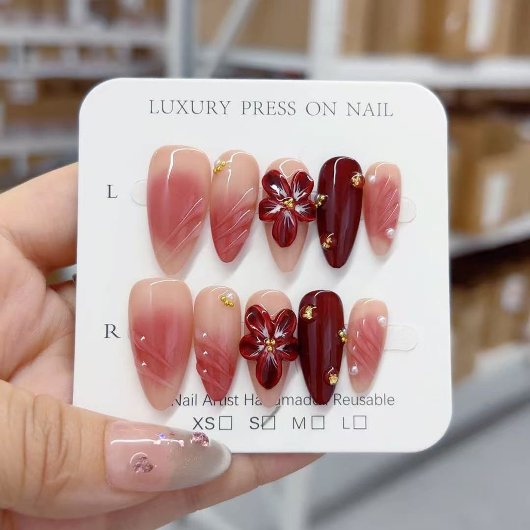 Crimson Bloom: "Scarlet Lily Grace" – Almond Press-On Nails