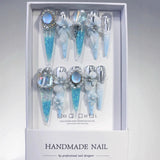 Icy Blue Sculpted Floral Crystal Fantasy Press On Nails