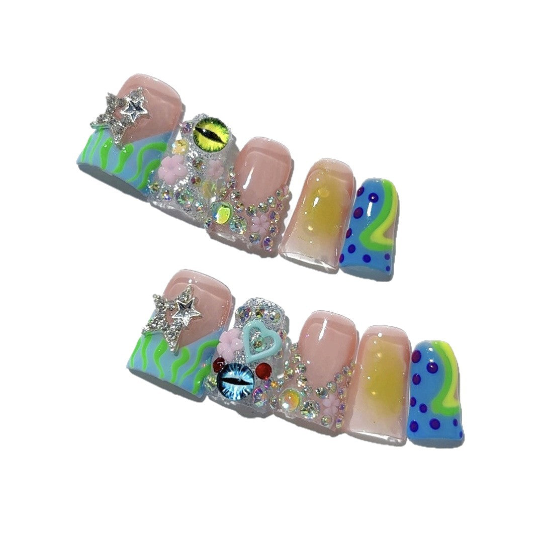 Y2K Ocean Dream: "Neon Tide" – Almond Press-On Nails