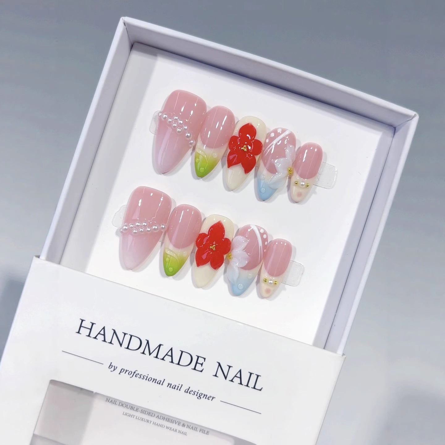 Spring Blossom: "Cherry Pearl Glow" – Almond Shape Handmade Press-Ons