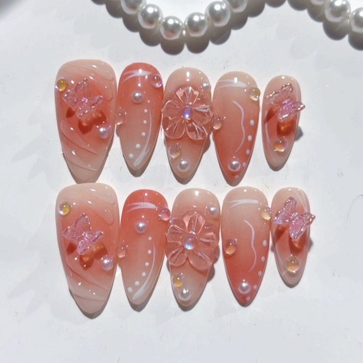 Blush Butterfly: "Peach Blossom Grace" – Almond Press-On Nails