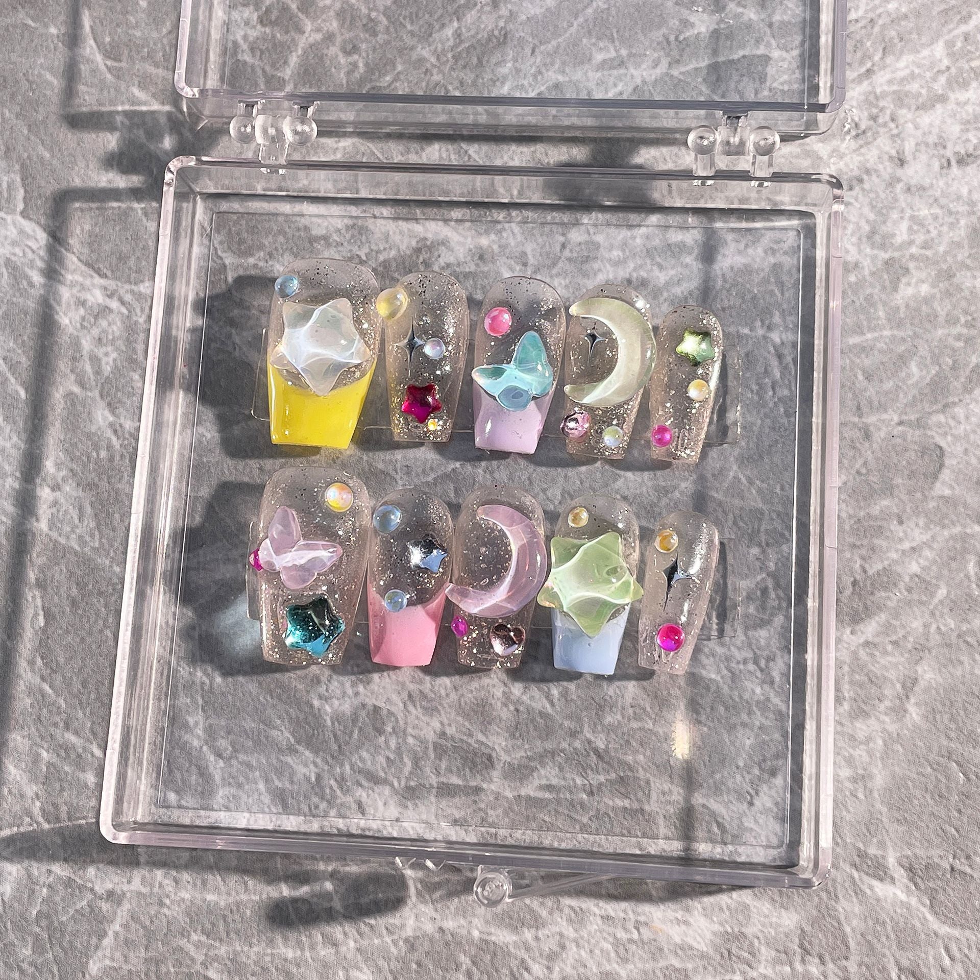 Handmade press on nails, star moon mocha drilling, fish bead finished nail art patch,  sticker, fake nail.｜365nails