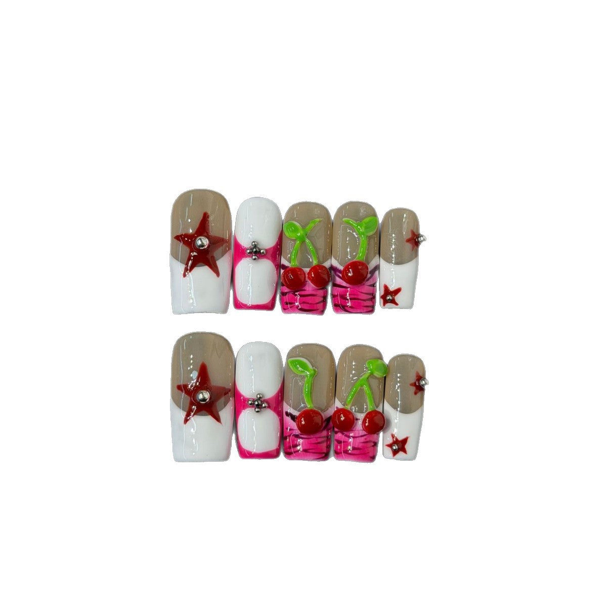 365nails: "Cherry Pop Star" – 3D Cherry & Star Handmade Square Nails