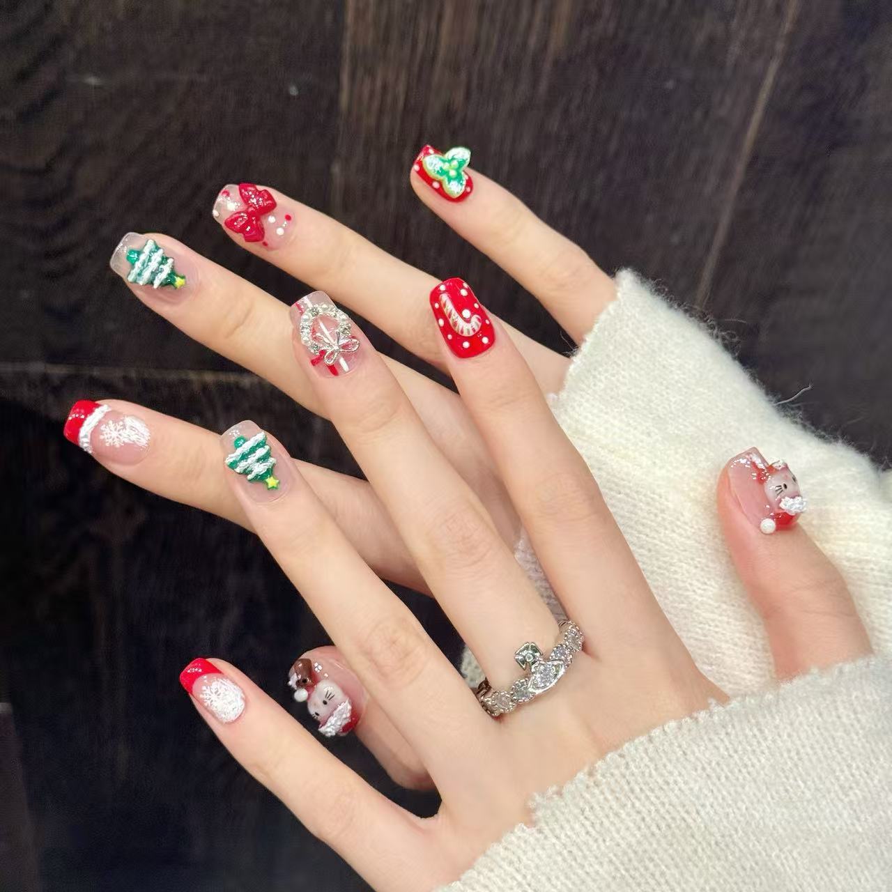 Cute Christmas Santa Tree Red Festive Press On Nails