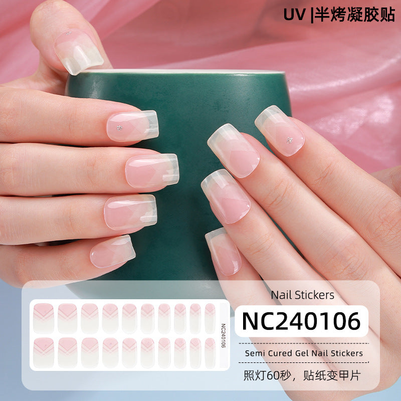 Semi-Cured Gel Nail Strips French Glitter Pink Sparkle Glossy Set (MOQ=3)