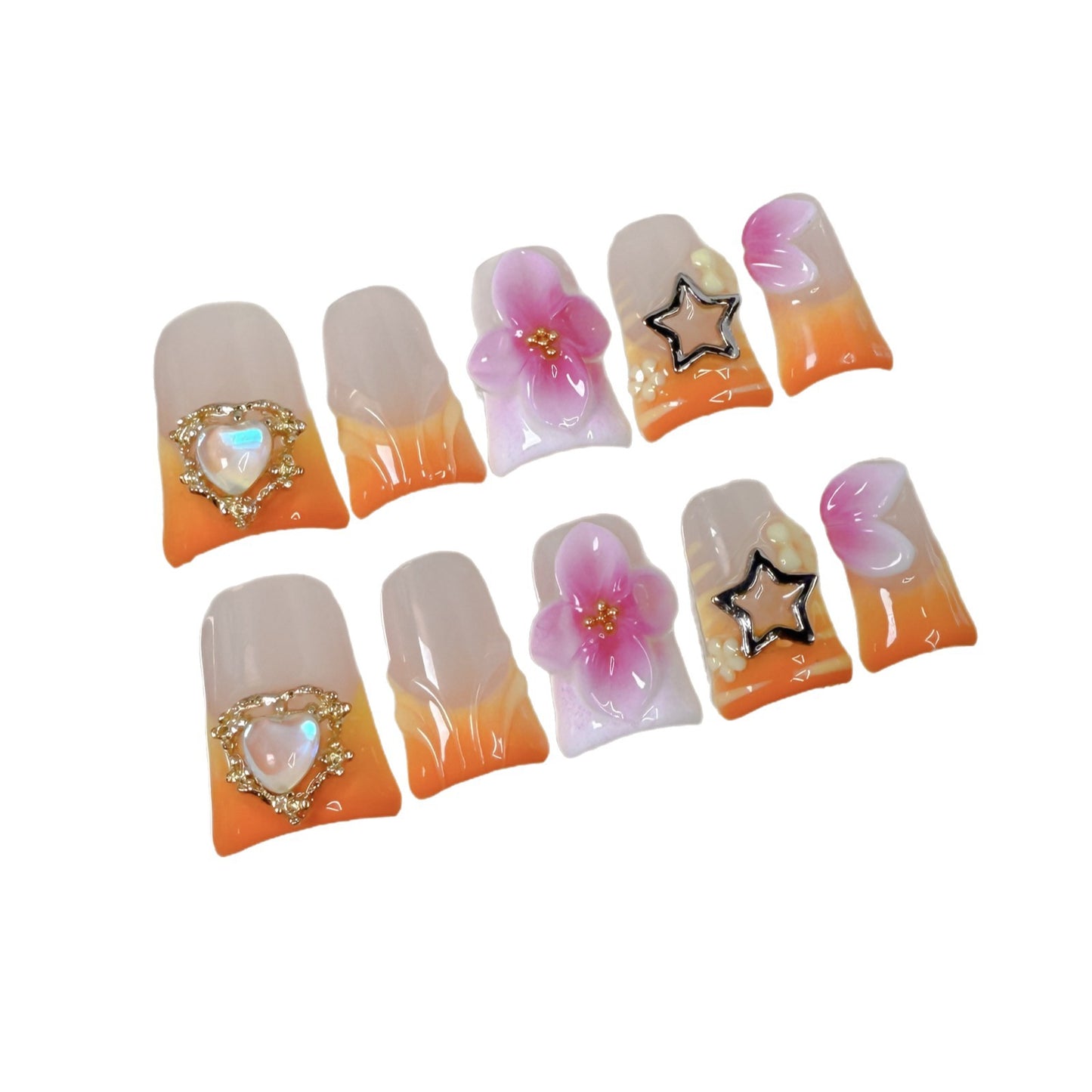 Duck beak nail orange pink magic three-dimensional engraving ice through gradual change press-on nails pure handmade fake nail wholesale｜365nails