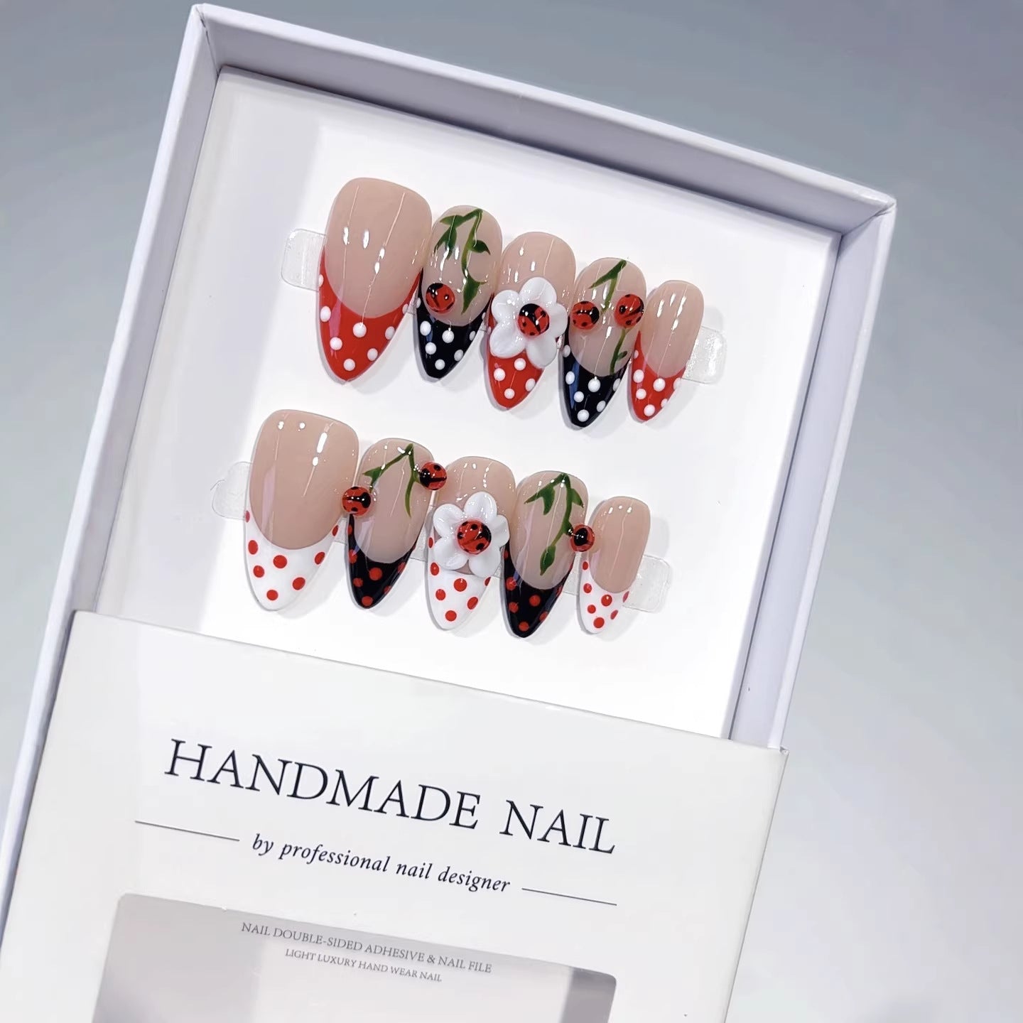 Ladybug Garden: "Polka Dot & Floral" – Almond Press-On Nails