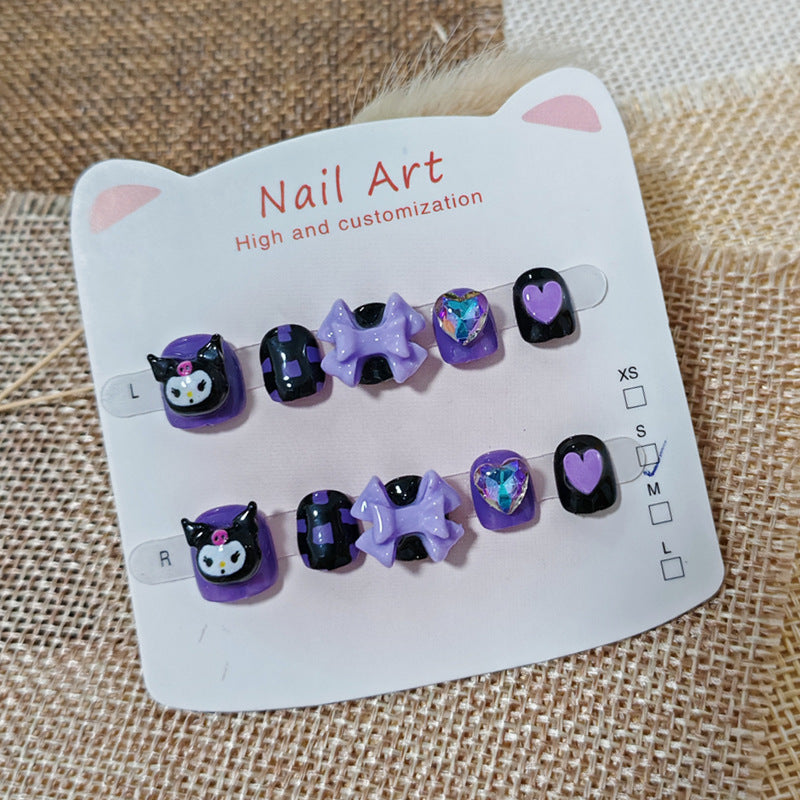 365Nails: "Kuromi Dark Purple Fantasy" – Handmade Cute Short Oval Press On Nails With Kuromi & Bow Design