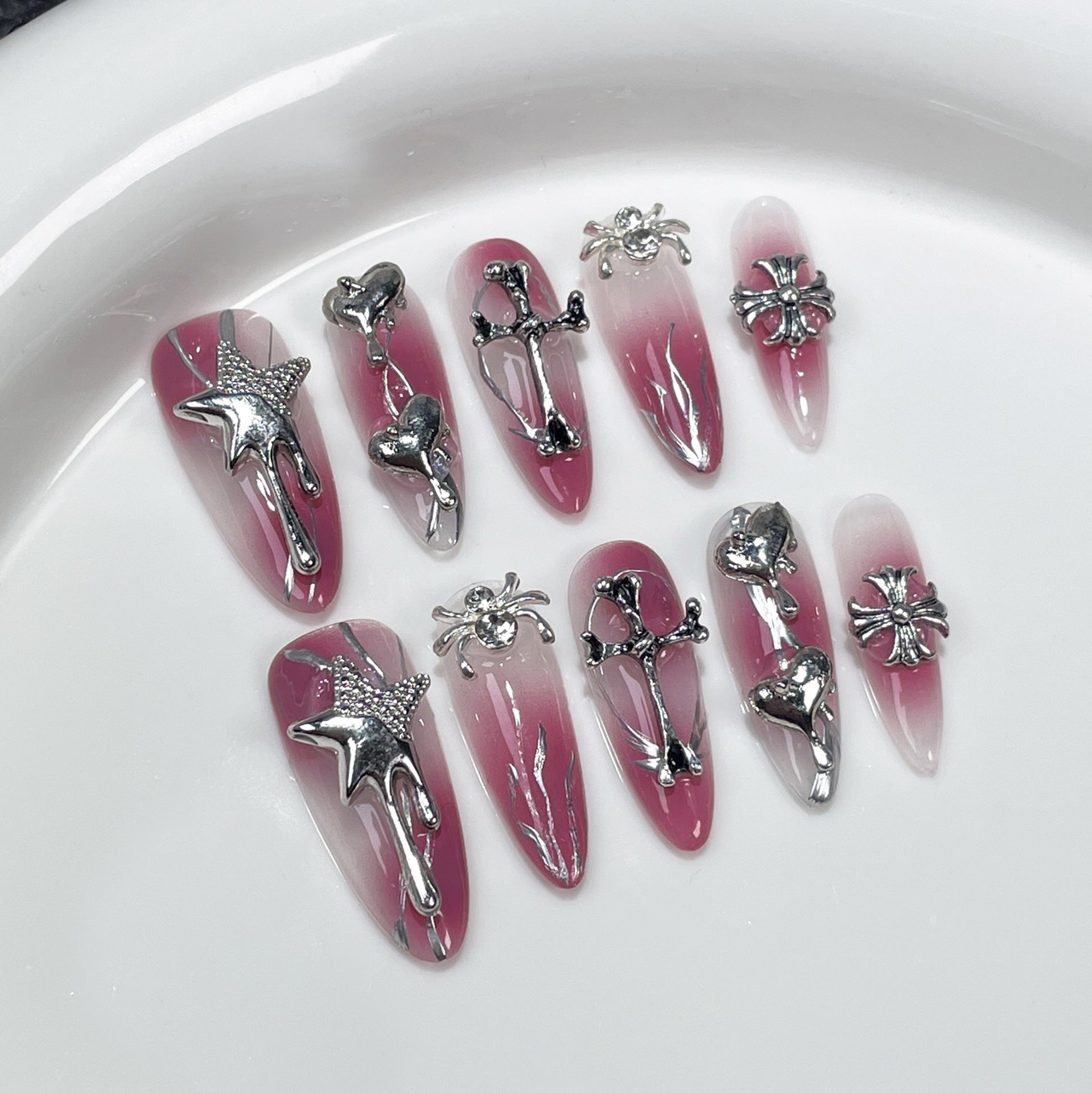 Pink Gradient Nails with Metallic Gothic Charms