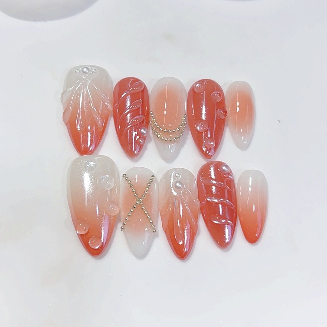 Amber Bloom : « Fleur orange dégradé » – Ongles press-on fait main forme amande