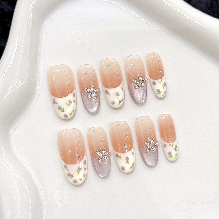 365nails: "Monet's Garden" – Hand-Painted Floral & French Tip Handmade Medium Almond Nails