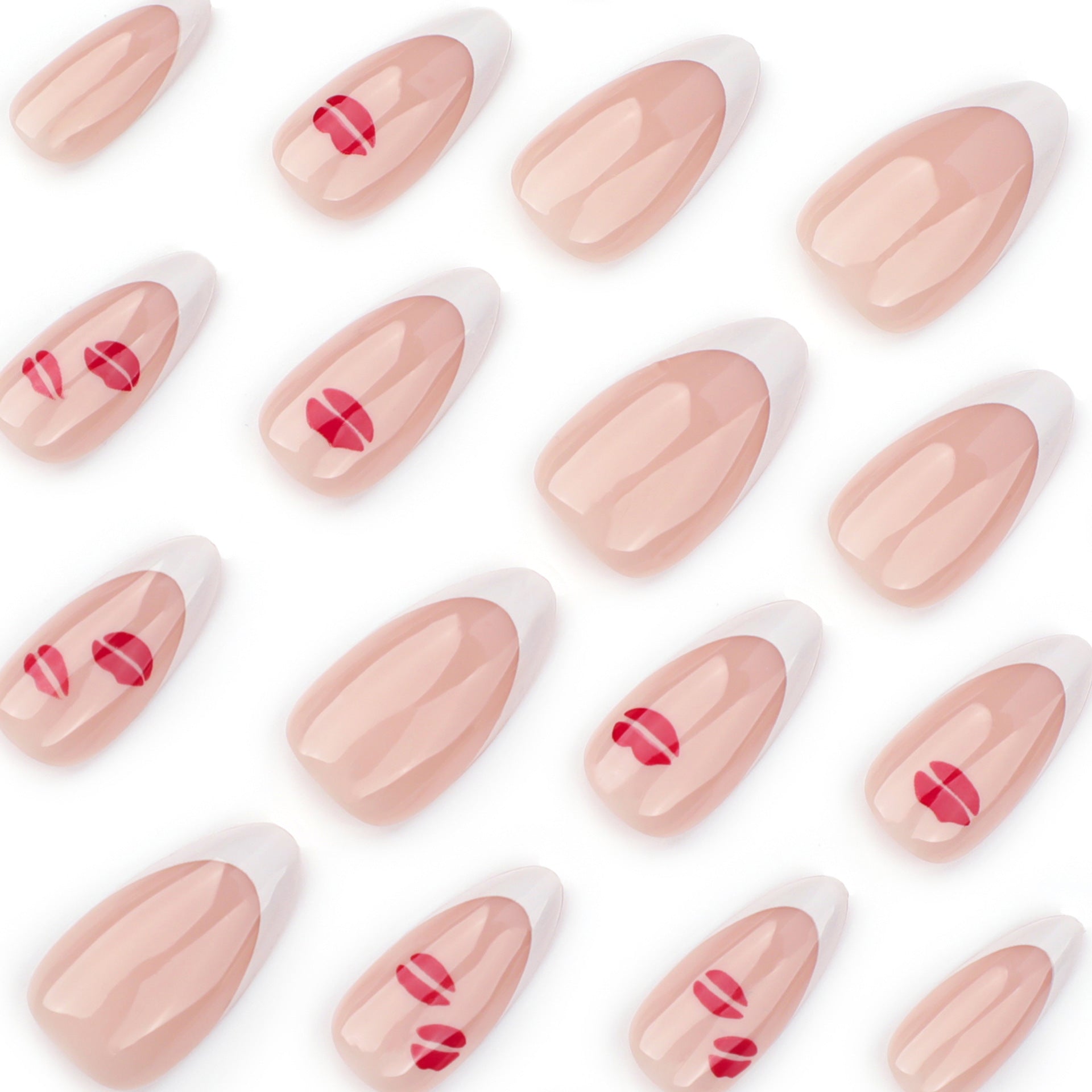 經典法式白短款杏仁形穿戴甲 浪漫紅唇印花與純色甲片｜365nails