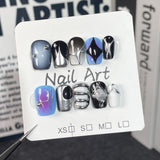 Uñas postizas hechas a mano estilo ciberpunk AI Mechanical Ji, diseño de uñas cortas con sensación metálica | 365nails