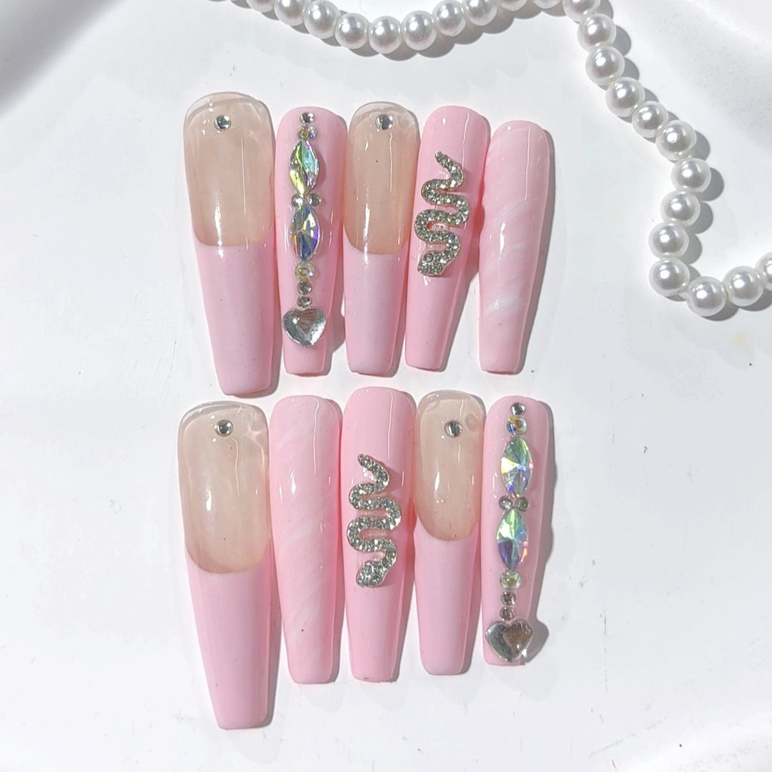 Soft Pink Snake Crystal Extra Long Coffin Press On Nails