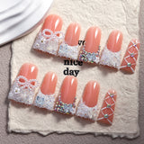 Peach Crystal Sugar Lace French Press On Nails