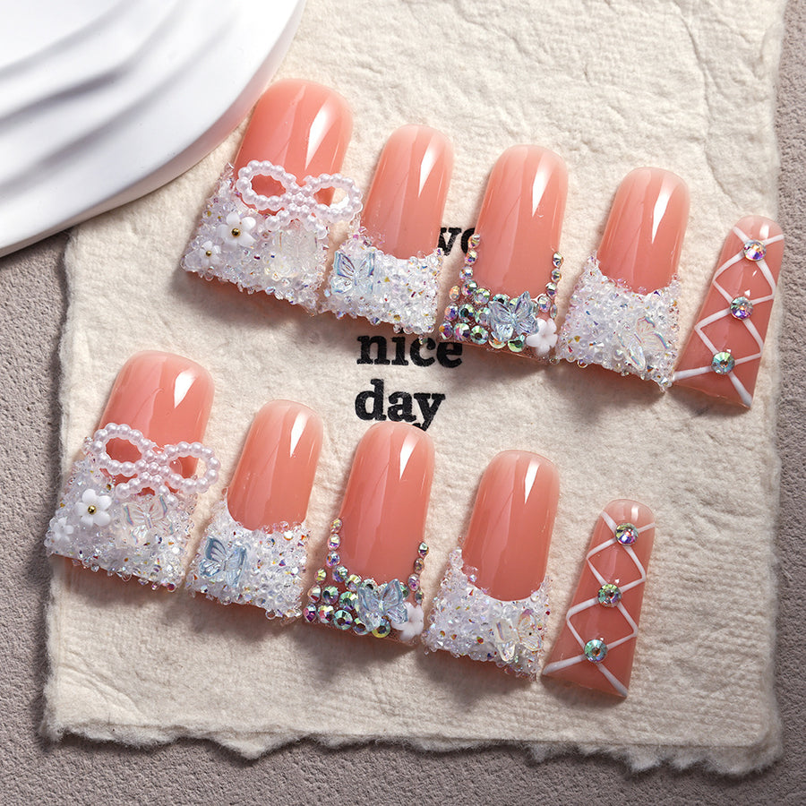 Peach Crystal Sugar Lace French Press On Nails