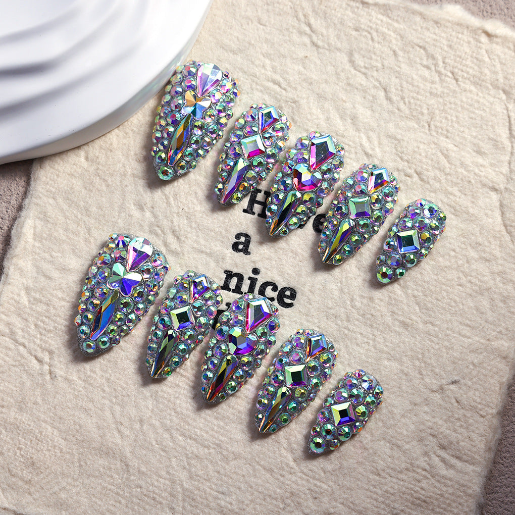 Iridescent AB Crystal Nails with Full Sparkle Glam Look