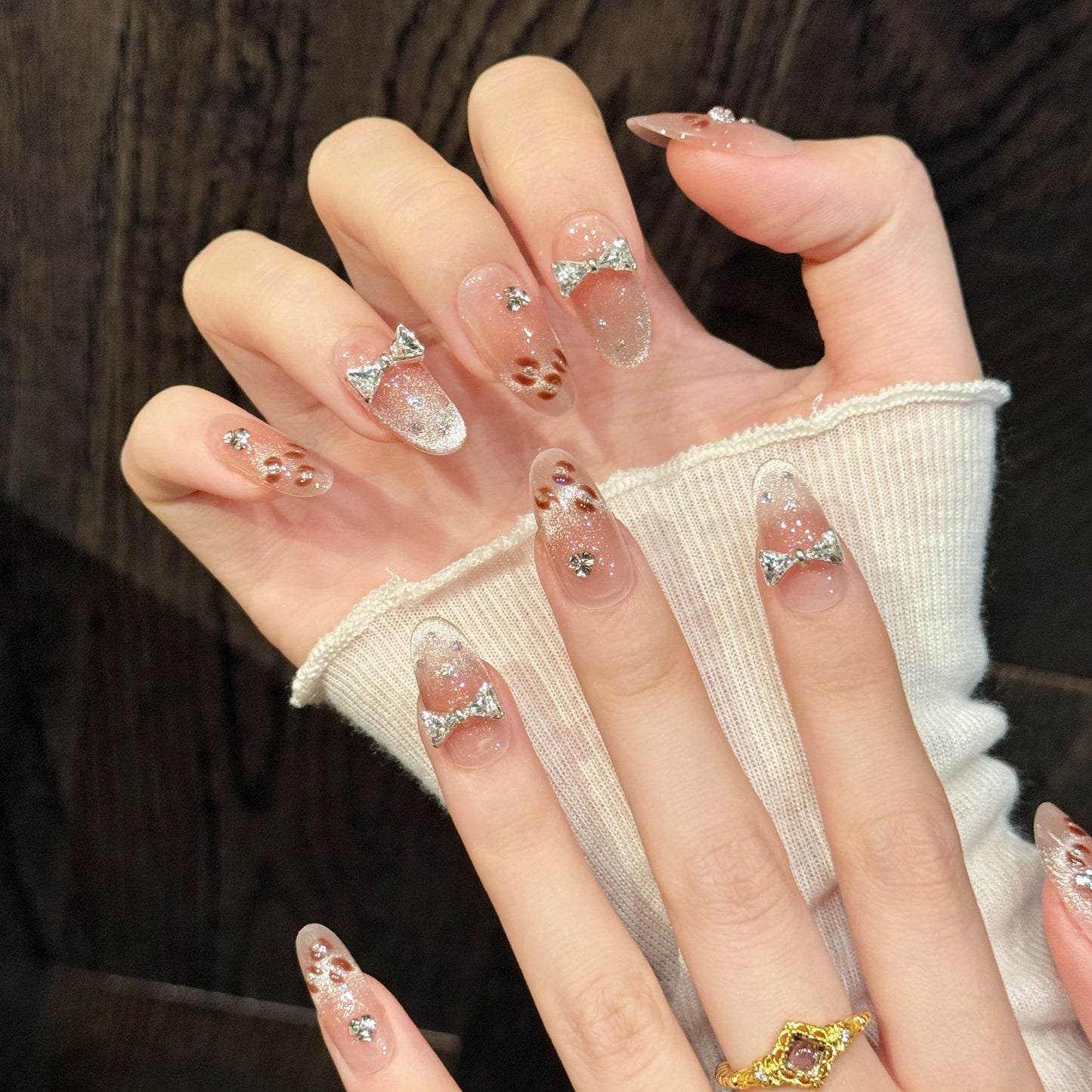 Cute Glitter Bow Pink Press On Nail Set