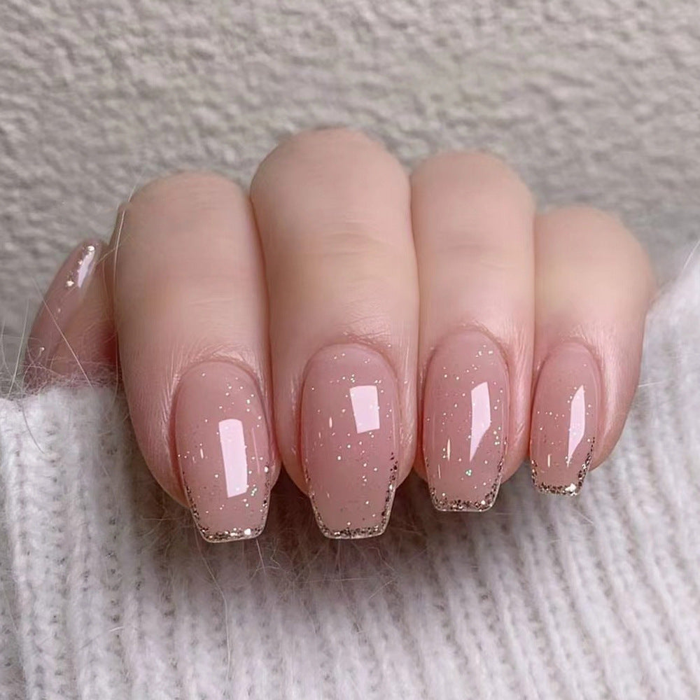 Naked Pink French Glitter Nail Art Wear Short Ballet Nail Art Tablets Detachable Wearable Nail Tablets Finished Products Wholesale｜365nails