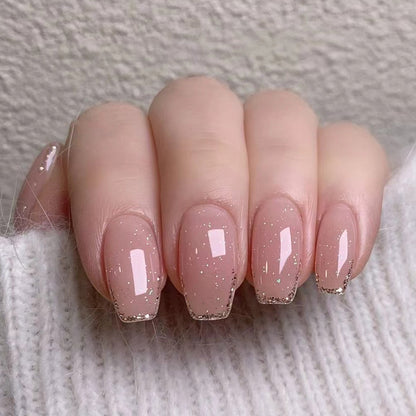 Naked Pink French Glitter Nail Art Wear Short Ballet Nail Art Tablets Detachable Wearable Nail Tablets Finished Products Wholesale｜365nails