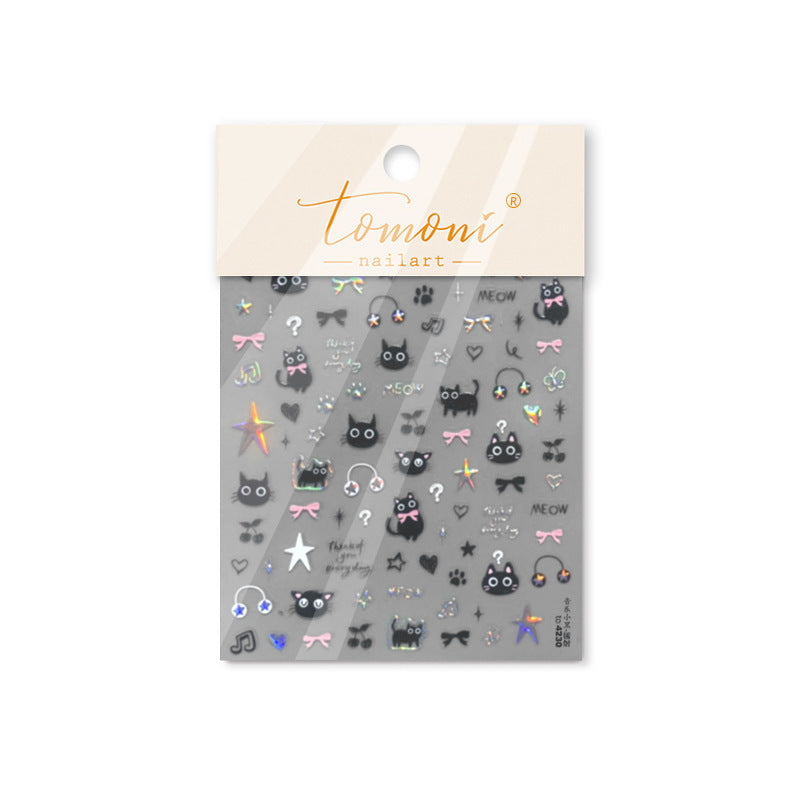 Cute Black Cat & Cherry: "Paw-sitive Sweet Day" – 5D Embossed Nail Sticker