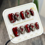 復古輕奢寶石感貓眼紅色分碼穿戴甲—閃鑽成品批發｜365nails