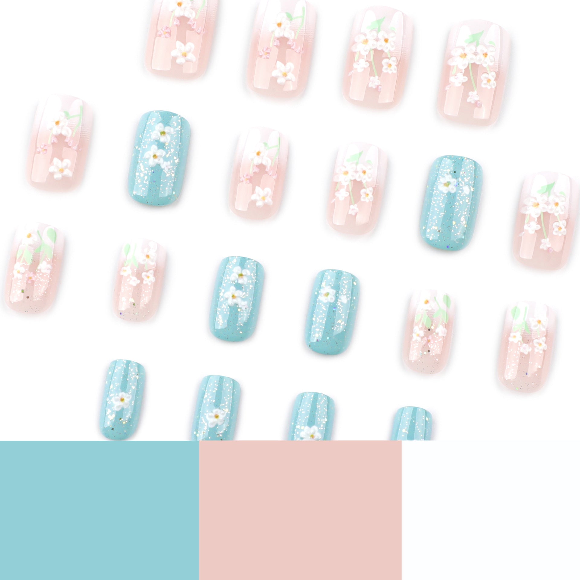 3D立體花卉美甲｜中長款與長款｜白色漸層方形穿戴甲 批發｜365nails