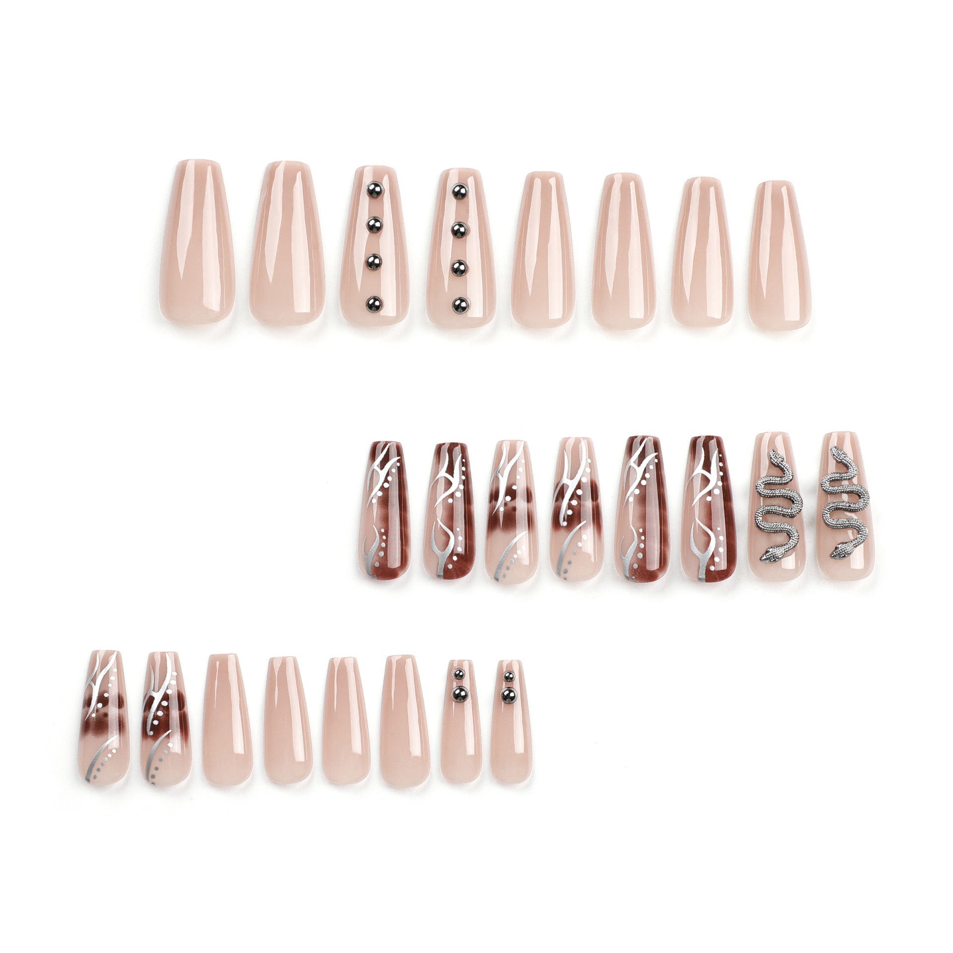 Maillard branco com padrão de cobra para unhas, unhas de balé médias e longas, peça de metal pesado, atacado de fábrica｜365 unhas
