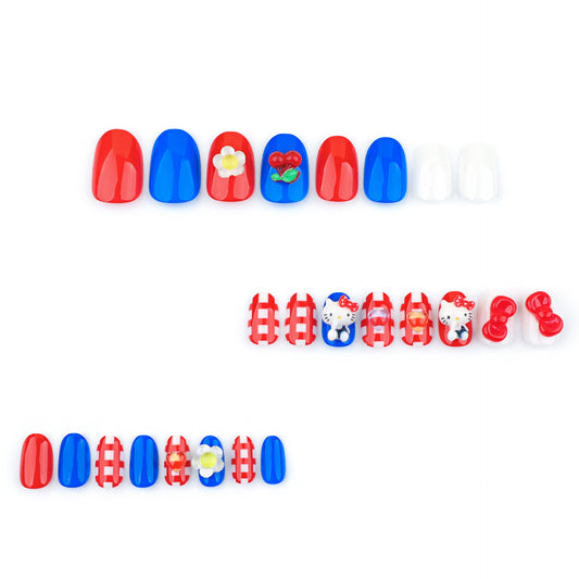 Japanese cartoon cute kitten wearing armor three-dimensional flower plaid manicure short simple fake nail nail wholesale｜365nails