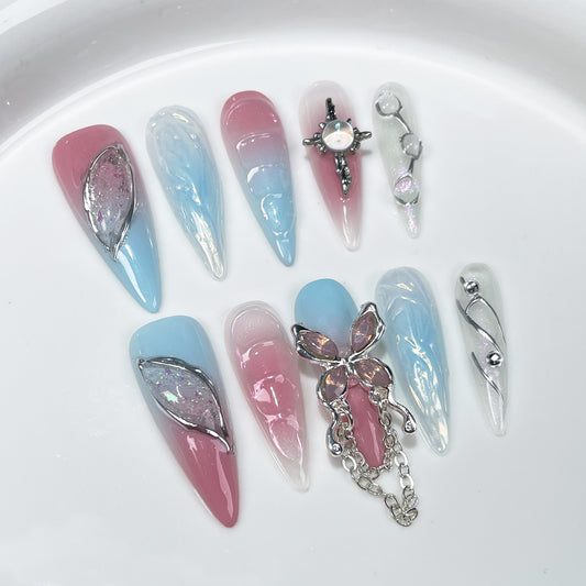 Summer Macaron Dream Colorful Sweet and Cool Spice Girls  Long Tip Handemade press on nails Chain Butterfly Relief Nail Art｜365nails