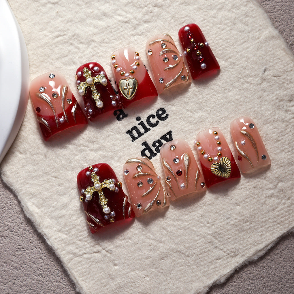 Red Nude Cross Heart Baroque Press On Nails