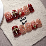 Red Nude Cross Heart Baroque Press On Nails