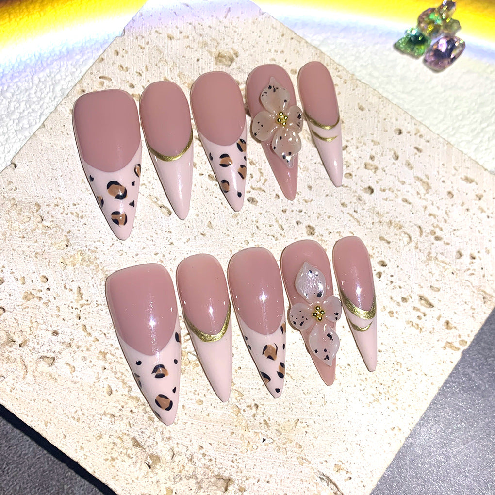Blush Leopard Floral French Elegant Press On Nails