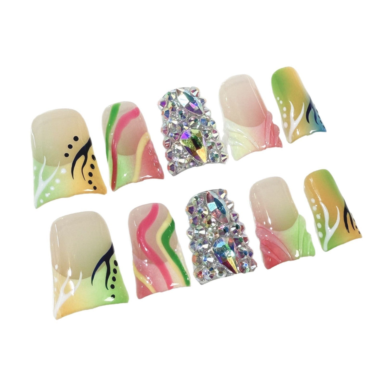 Unhas bico de pato multicoloridas com mudança gradual de gelo francês através de manicure, lindas garotas legais, unhas de pressão feitas à mão no atacado ｜ 365nails