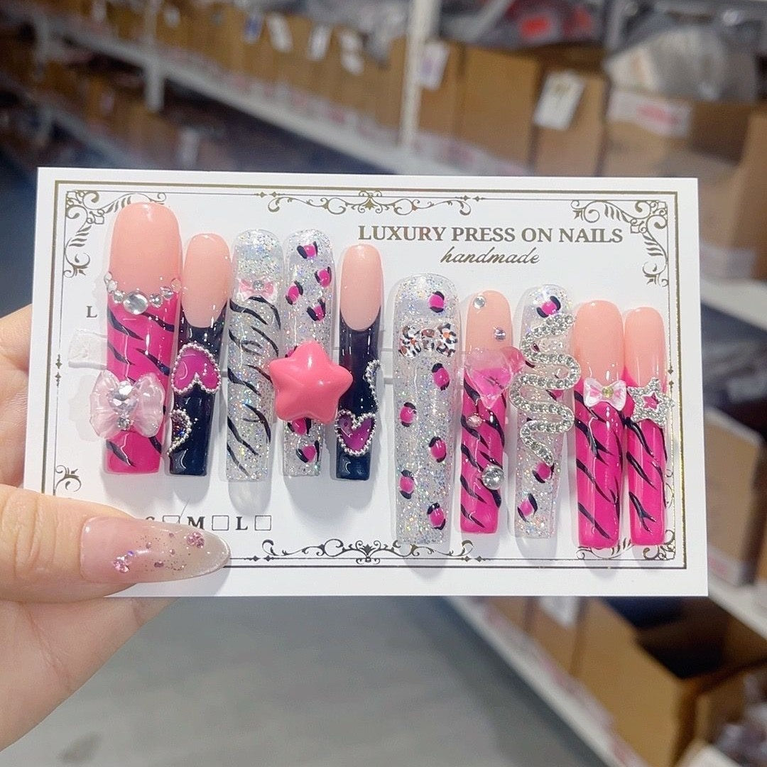 Pink Glitter Zebra Star Press On Nail Set