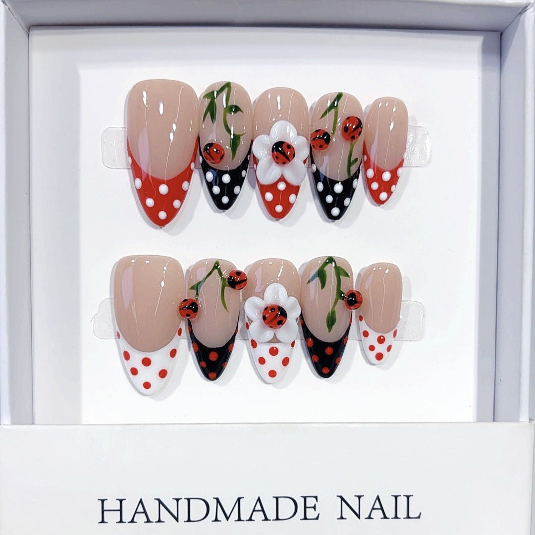 Ladybug Garden: "Polka Dot & Floral" – Almond Press-On Nails