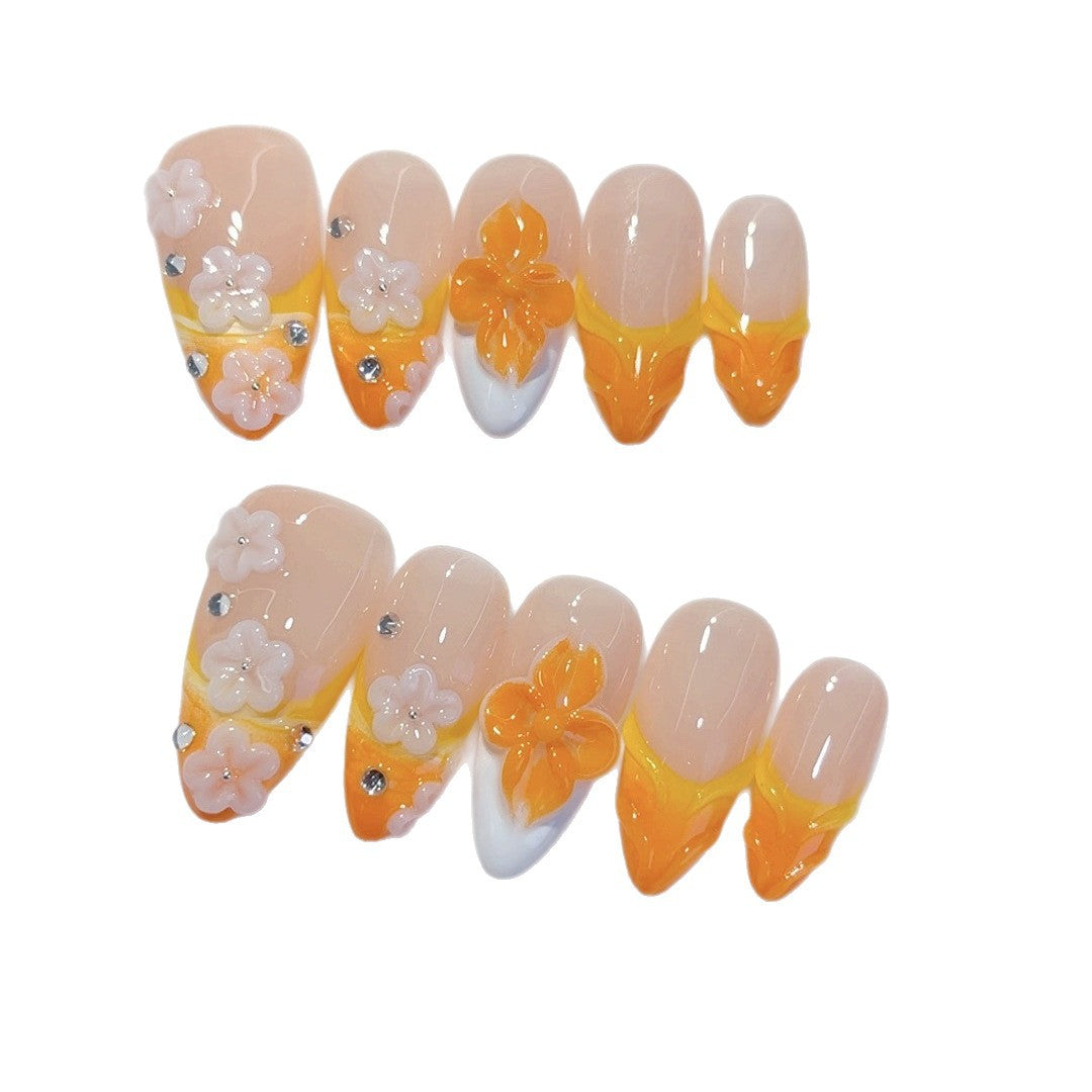 Autumn Bloom: "Orange Floral Glow" – Almond Shape Handmade Press-Ons