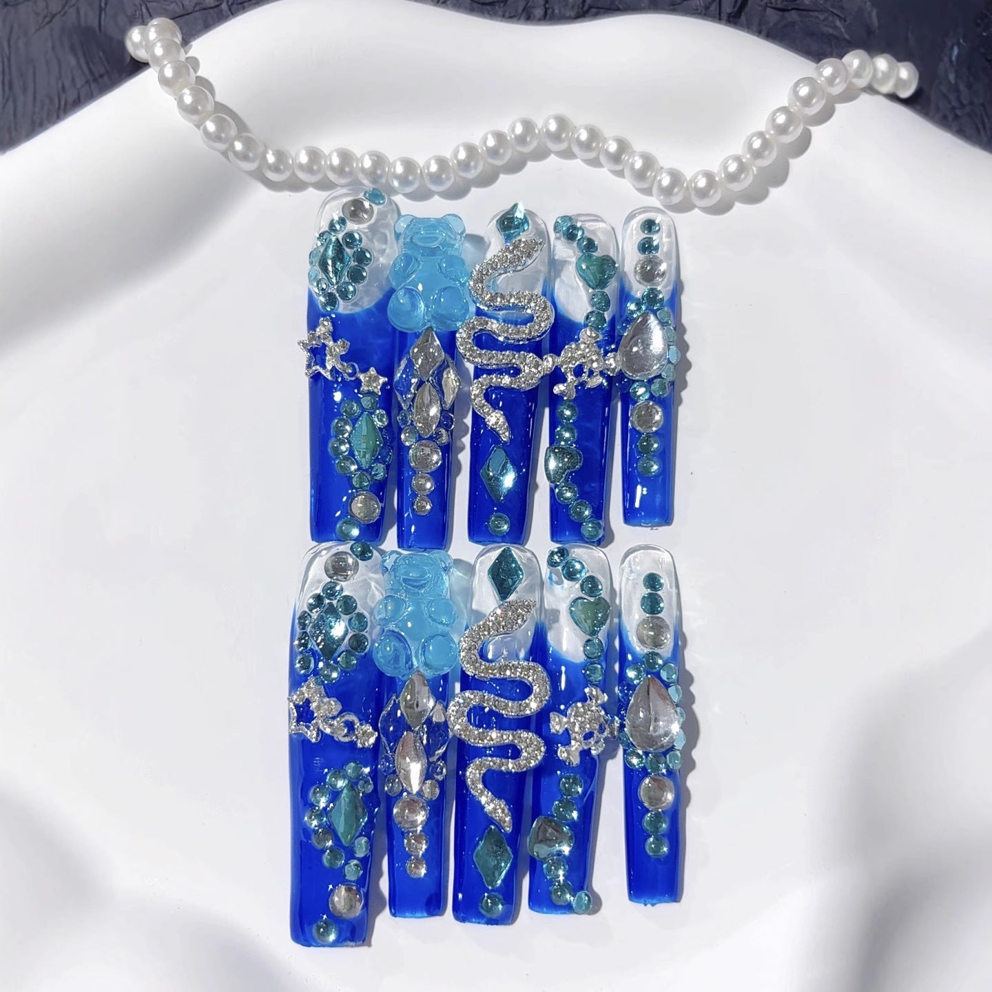 Blue Pearl Crystal Extra Long Press On Nails