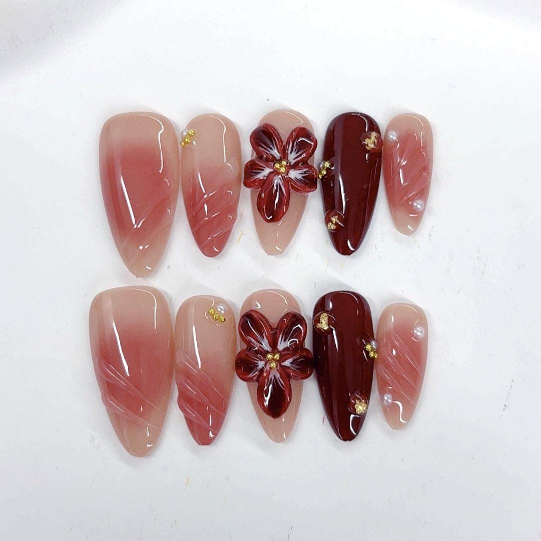 Crimson Bloom: "Scarlet Lily Grace" – Almond Press-On Nails