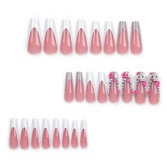 French white edge manicure nail patch  flash diamond  wholesale nail piece long nail piece｜365nails